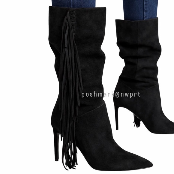 Sam Edelman 🖤 Fayette Suede Fringe Boots Heels Black 37 7 7.5 - Picture 3 of 16